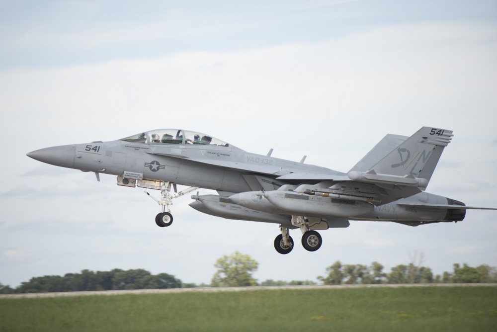 A 132nd Electronic Attack Squadron EA-18 Growler lands at Volk Field, Wis. Aug. 22, 2016, during Northern Lightning. (U.S. Air Force photo by Senior Airman Stormy Archer)