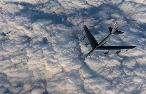 A KC-135 Stratotanker from RAF Mildenhall, England, refuels a B-52 Stratofortress from Minot Air Force Base, North Dakota, in support of Operation Polar Roar over Scotland, Aug. 1, 2016. (U.S. Air Force photo by Staff Sgt. Kate Thornton)