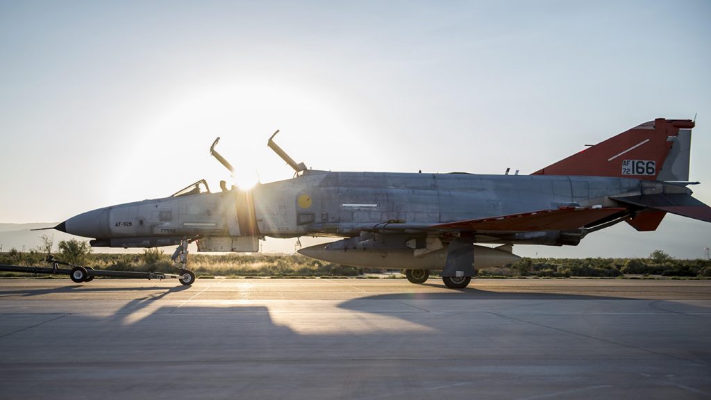 A QF-4 Phantom sits on the flight line before its final unmanned mission at Holloman Air Force Base, N.M. on Aug. 17. During its final mission, the QF-4 served its primary function as an aerial target and was shot at by an F-35 Lightning II from Edwards Air Force Base, Calif. (U.S. Air Force photo by Airman 1st Class Randahl J. Jenson)
