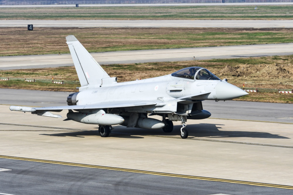 A Royal Air Force Typhoon FGR4 lands during Invincible Shield on Osan Air Base, Republic of Korea, Nov. 8, 2016. The intent of Invincible Shield is to bolster the strong partnership between the RoK, the United States and the United Kingdom while improving the combat capability in the Pacific region. (U.S. Air Force photo by Tech. Sgt. Rasheen Douglas)